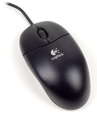 A photograph of a two-button mouse with a scroll wheel